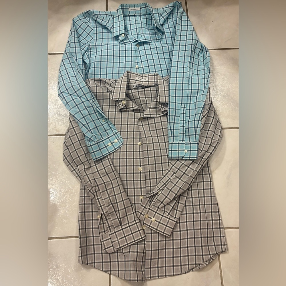 Express Men's Plaid Extra Slim Fit Shirt - Set of 2 - Blue and Gray Plaid